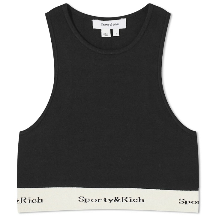 Photo: Sporty & Rich Women's Serif Logo Ribbed Cropped Tank Top in Black