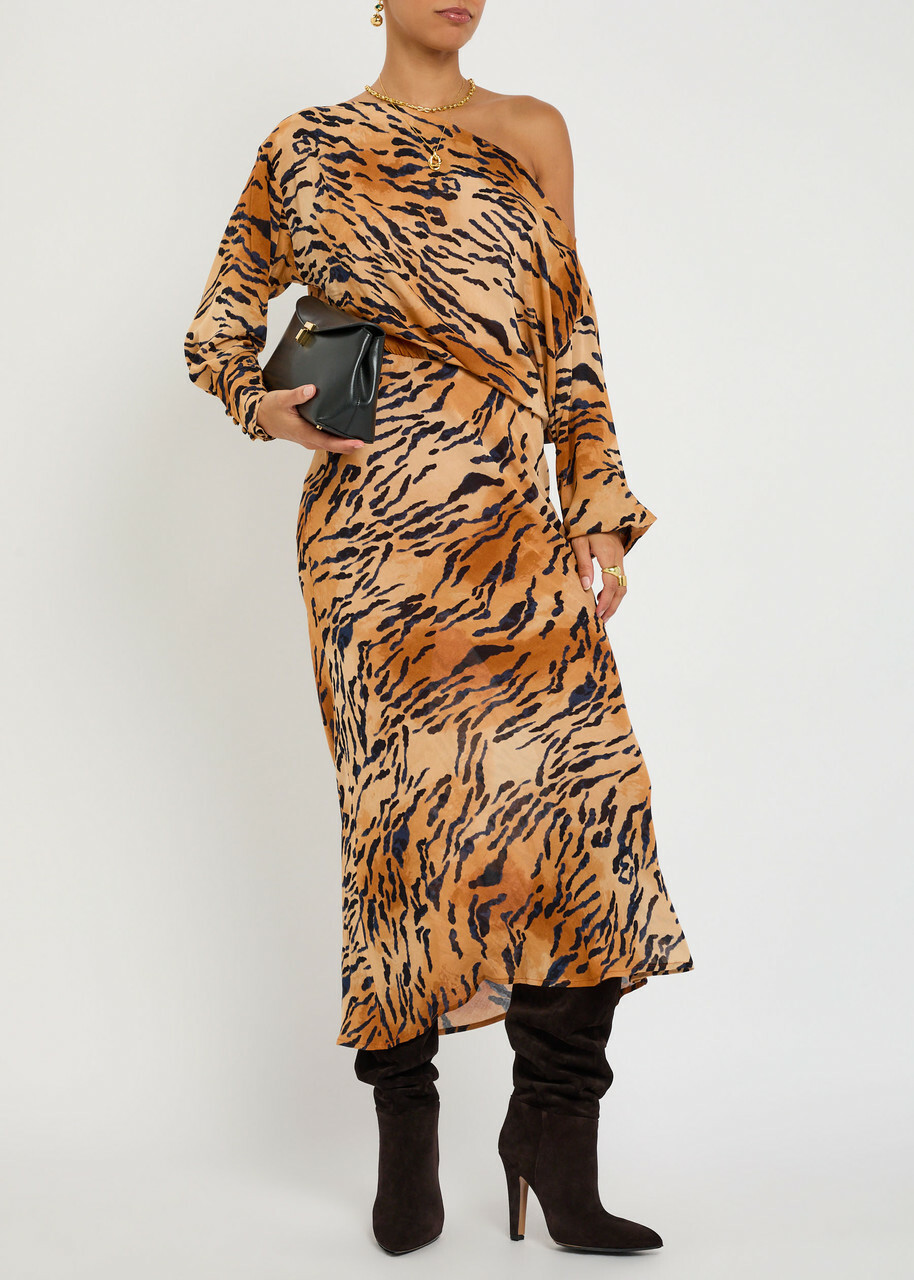 Never Fully Dressed Tilly Tiger-print Chiffon Midi Dress Brown