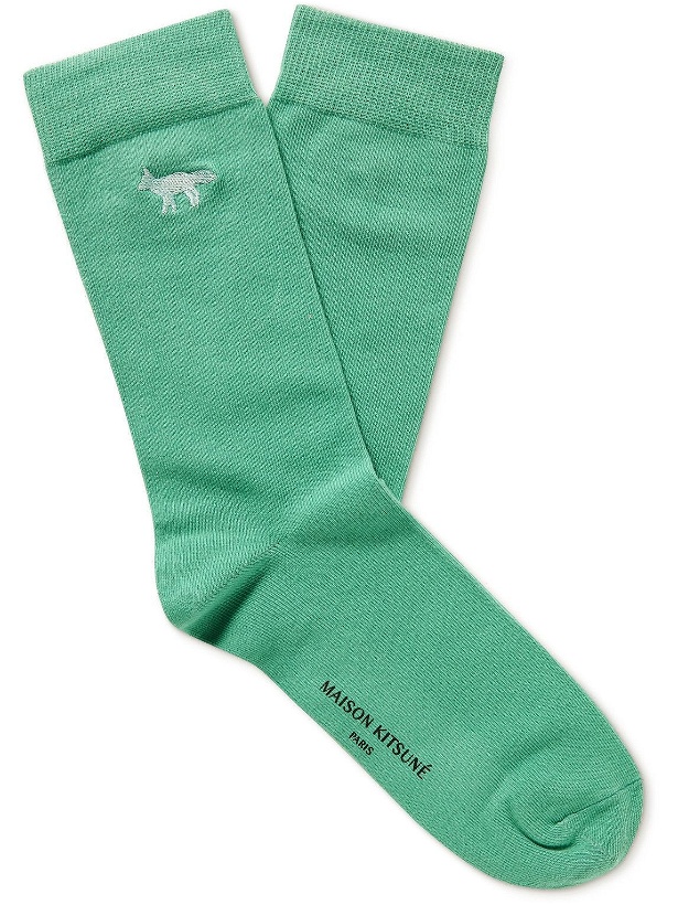 Photo: Maison Kitsuné - Logo-Embroidered Stretch-Cotton Socks - Green