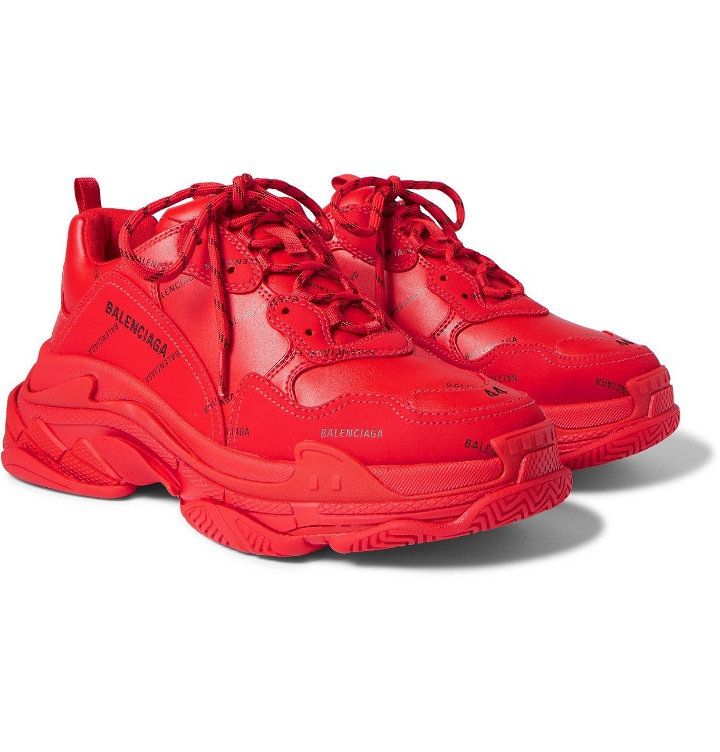 Photo: Balenciaga - Triple S Logo-Print Faux Leather Sneakers - Red