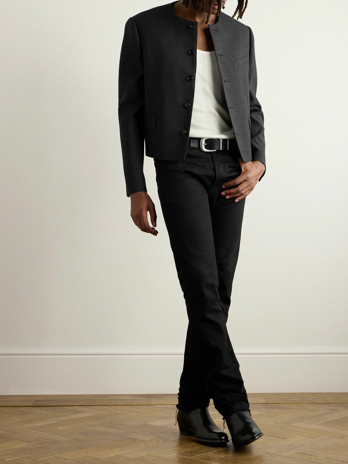 CELINE - Pinstriped Wool and Silk-Blend Gabardine Blazer - Gray