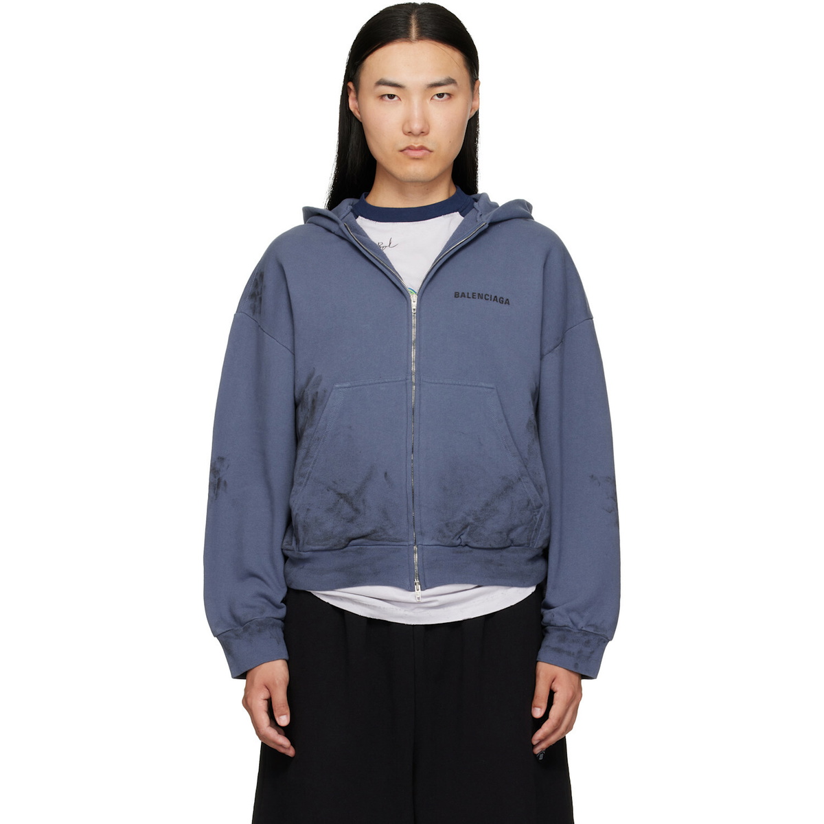 Balenciaga Blue Stained Zip-Up Hoodie