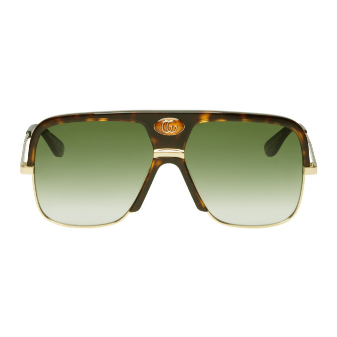 Photo: Gucci Tortoiseshell and Green Double G Aviator Sunglasses