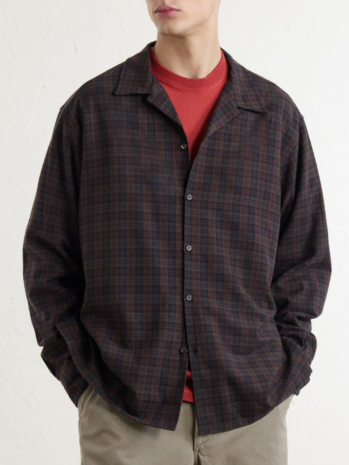 A.PRESSE - Camp-Collar Checked Silk Shirt - Brown