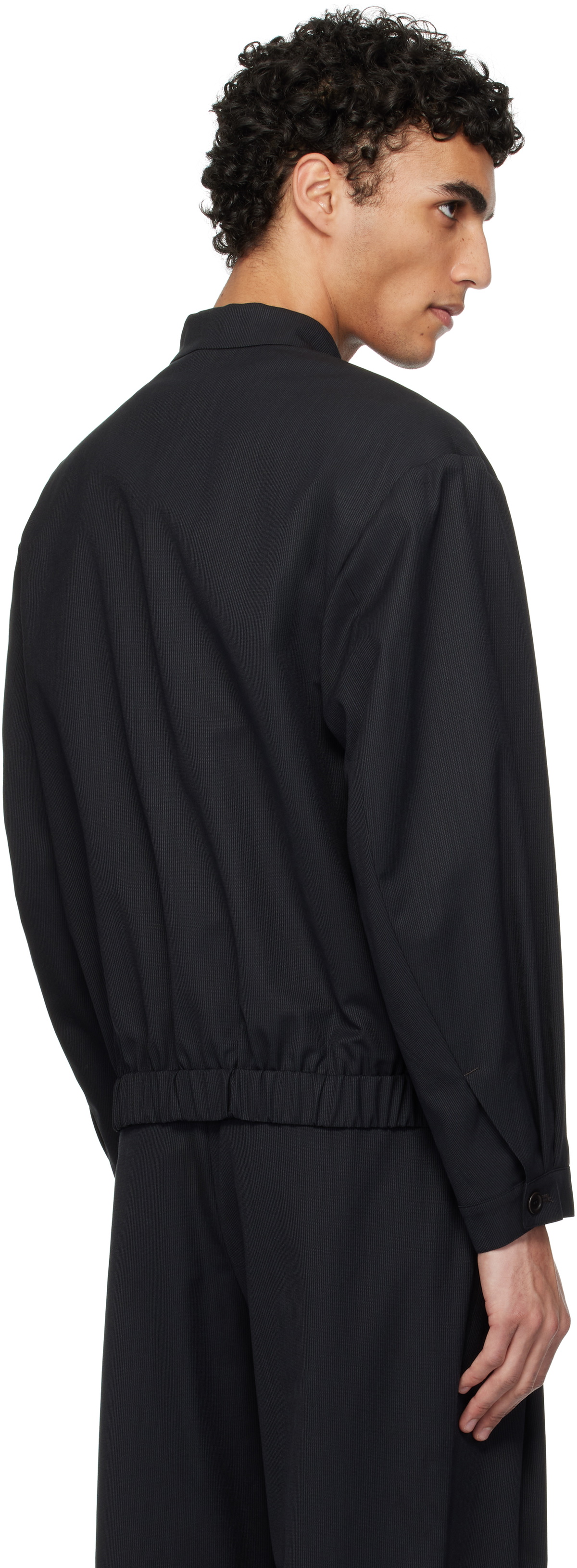 AMOMENTO Black Wool Stripe Zip-Up Jacket AMOMENTO