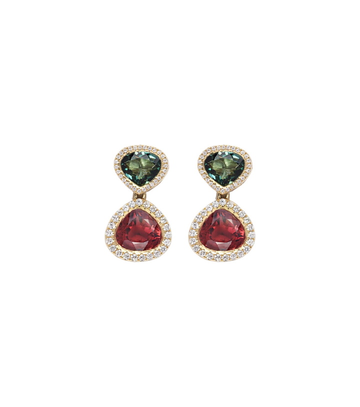 Photo: Octavia Elizabeth Two Drop Kaleidoscope 18kt gold earrings with tourmalines and diamonds