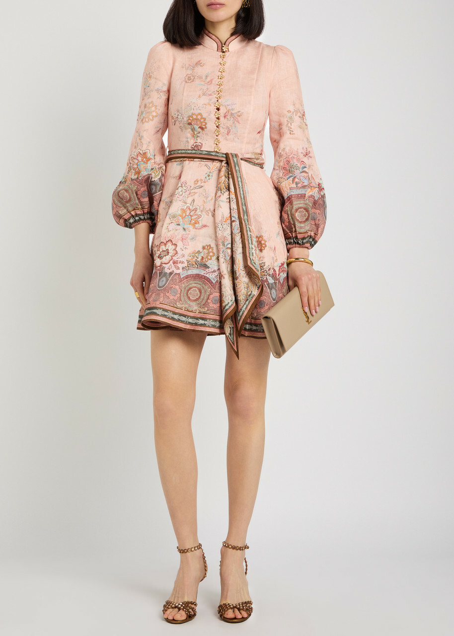 knee length dresses for ladies Zimmermann August Belted Floral-Print Linen Mini – Renascence Studio
