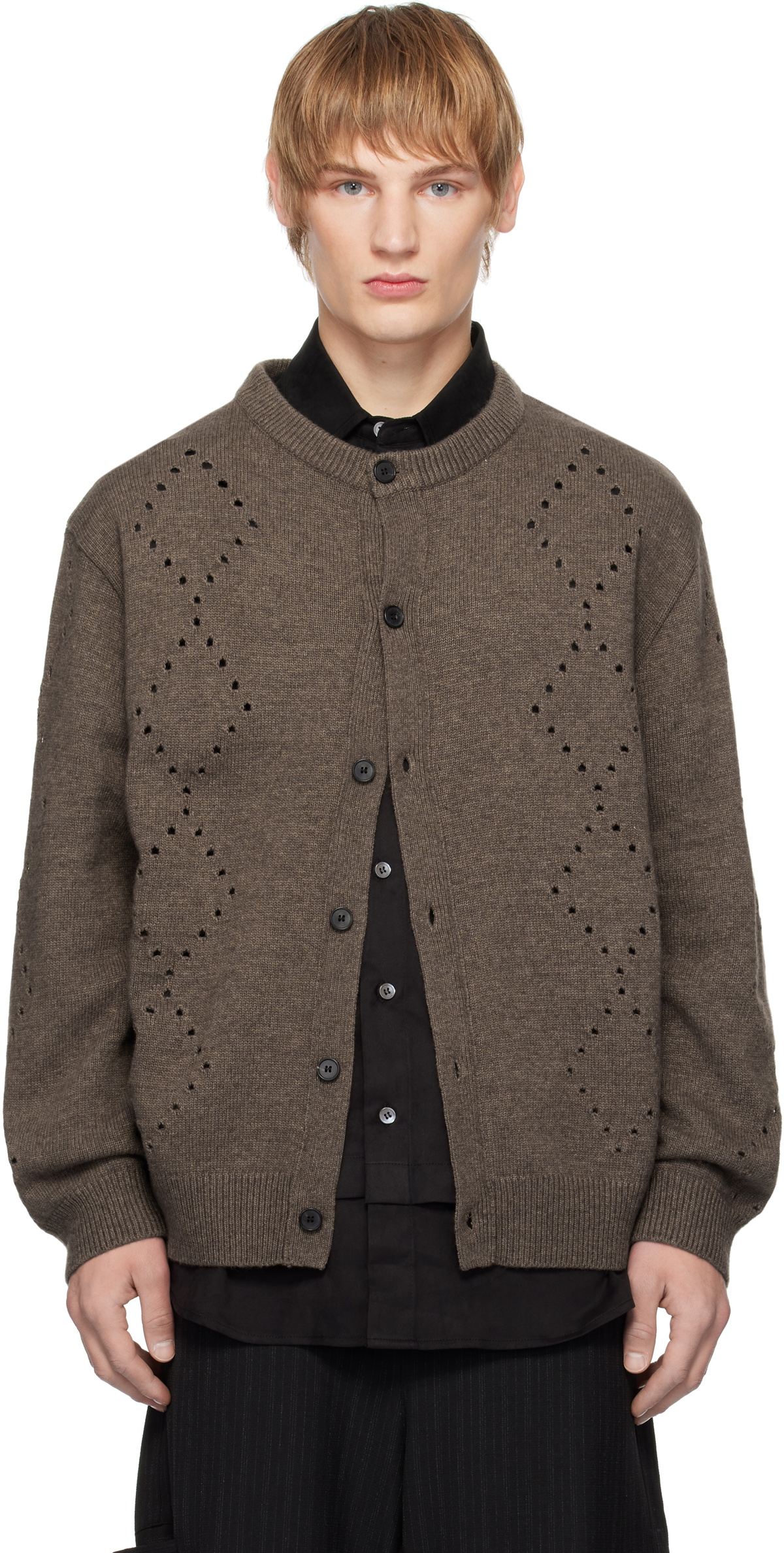 Youth Brown Argyle Punching Knit Cardigan