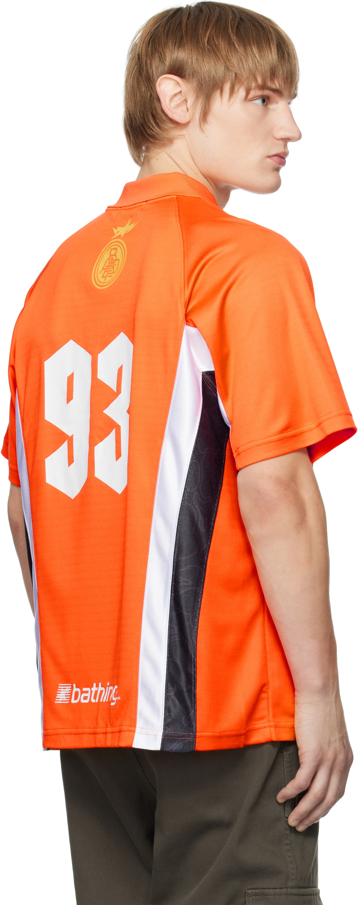 BAPE Orange Multi Logo Soccer Jersey T-shirt A Bathing Ape BAPE Orange Multi Logo Soccer Jersey T-shirt A Bathing Ape