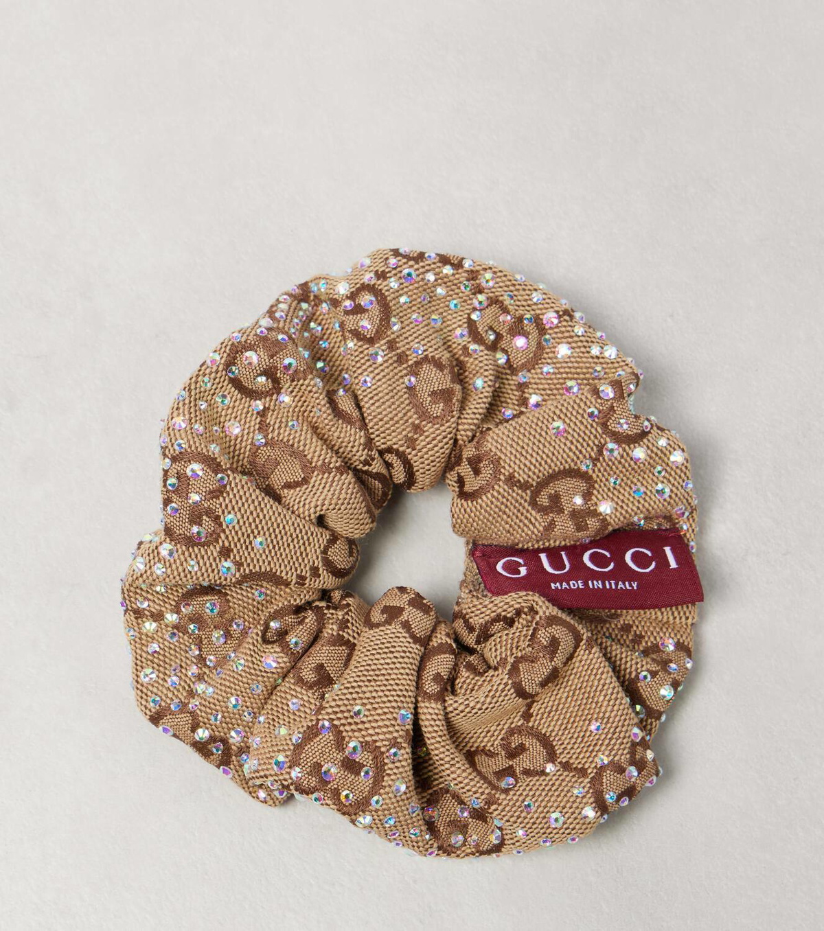 【GUCCI】GG Logo Canvas Scrunchie Beige Brown GG canvas scrunchie with crystals in brown and camel | GUCCI