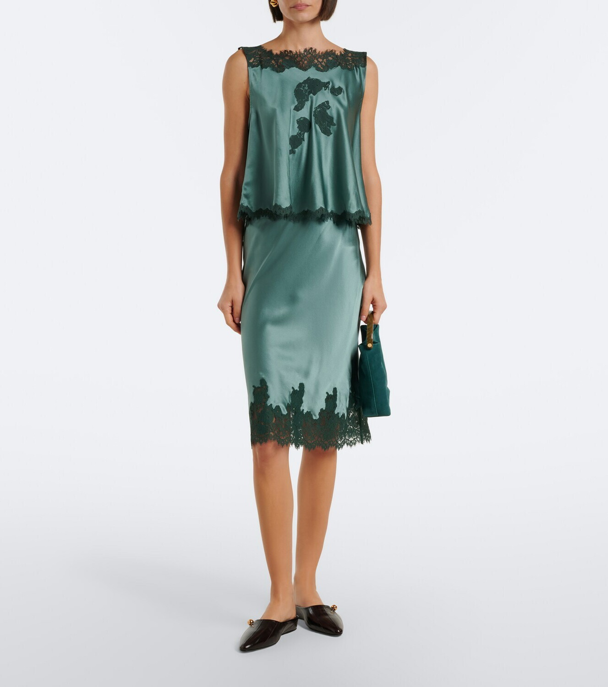 Dôen Elowette lace-trimmed silk satin midi skirt