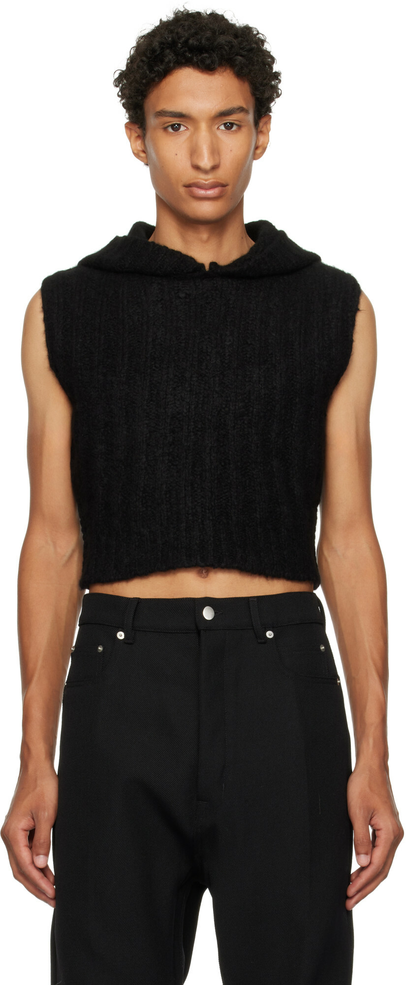 Rick Owens Black Tower Cropped Hooded Tank Top