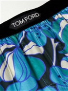 TOM FORD - Straight-Leg Velvet-Trimmed Printed Stretch-Silk Pyjama Trousers - Blue