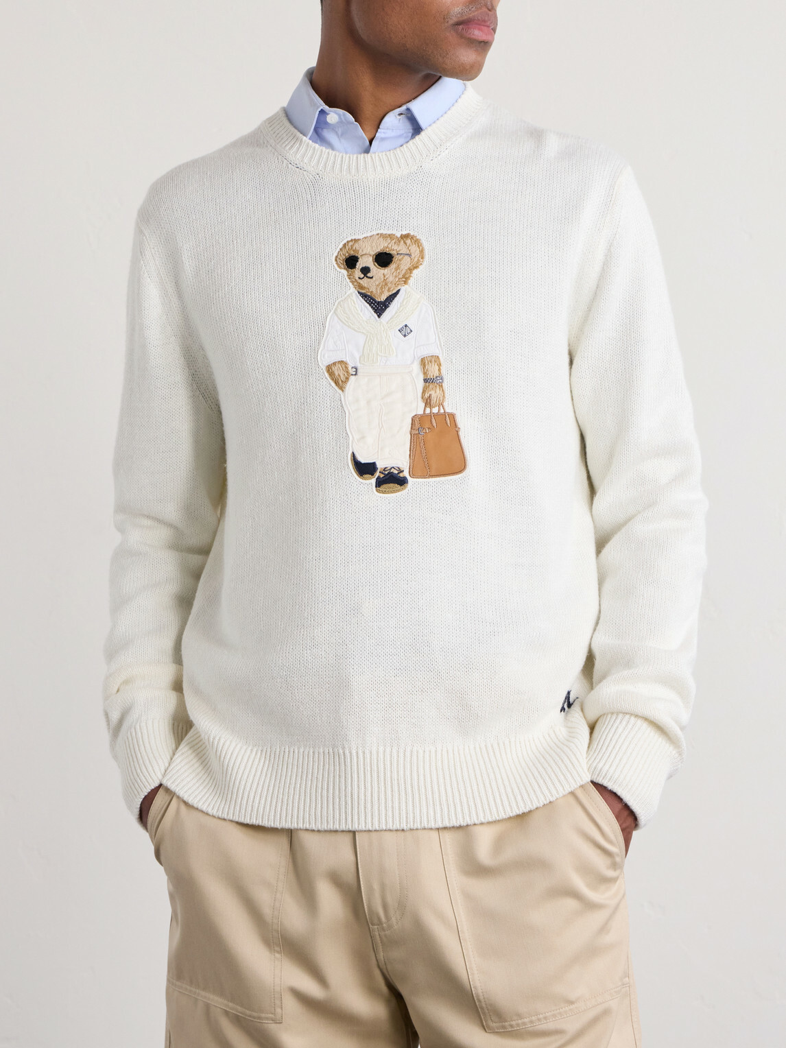 Ralph Lauren Purple label - Polo Bear Logo-Appliquéd Leather-Trimmed Knitted Silk and Linen-Blend Sweater - Neutrals