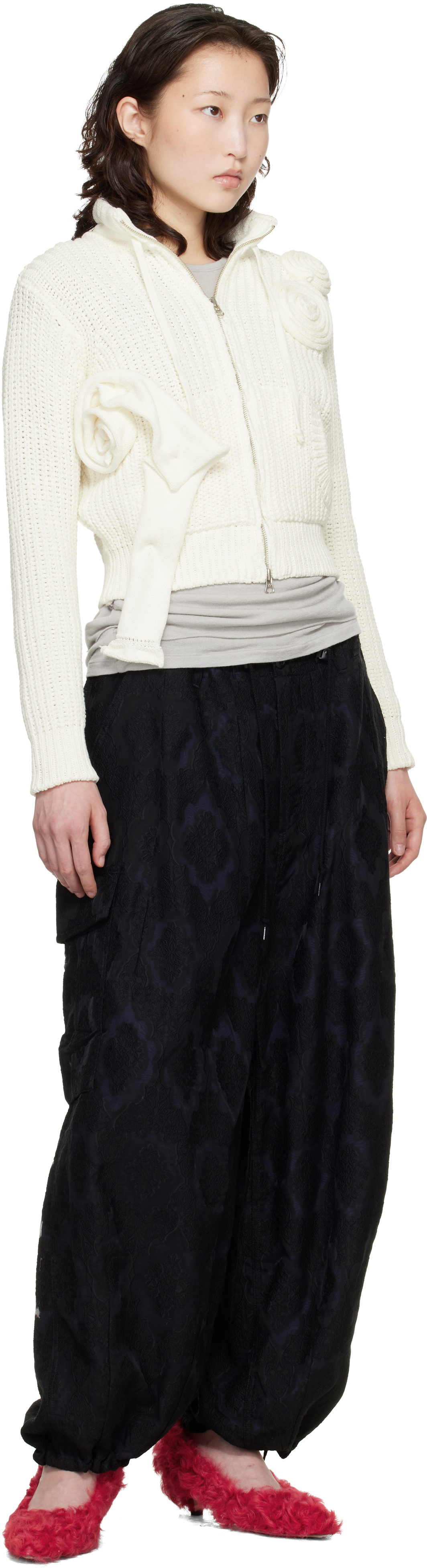 OPEN YY Off-White Applique Knit Zipup Sweater