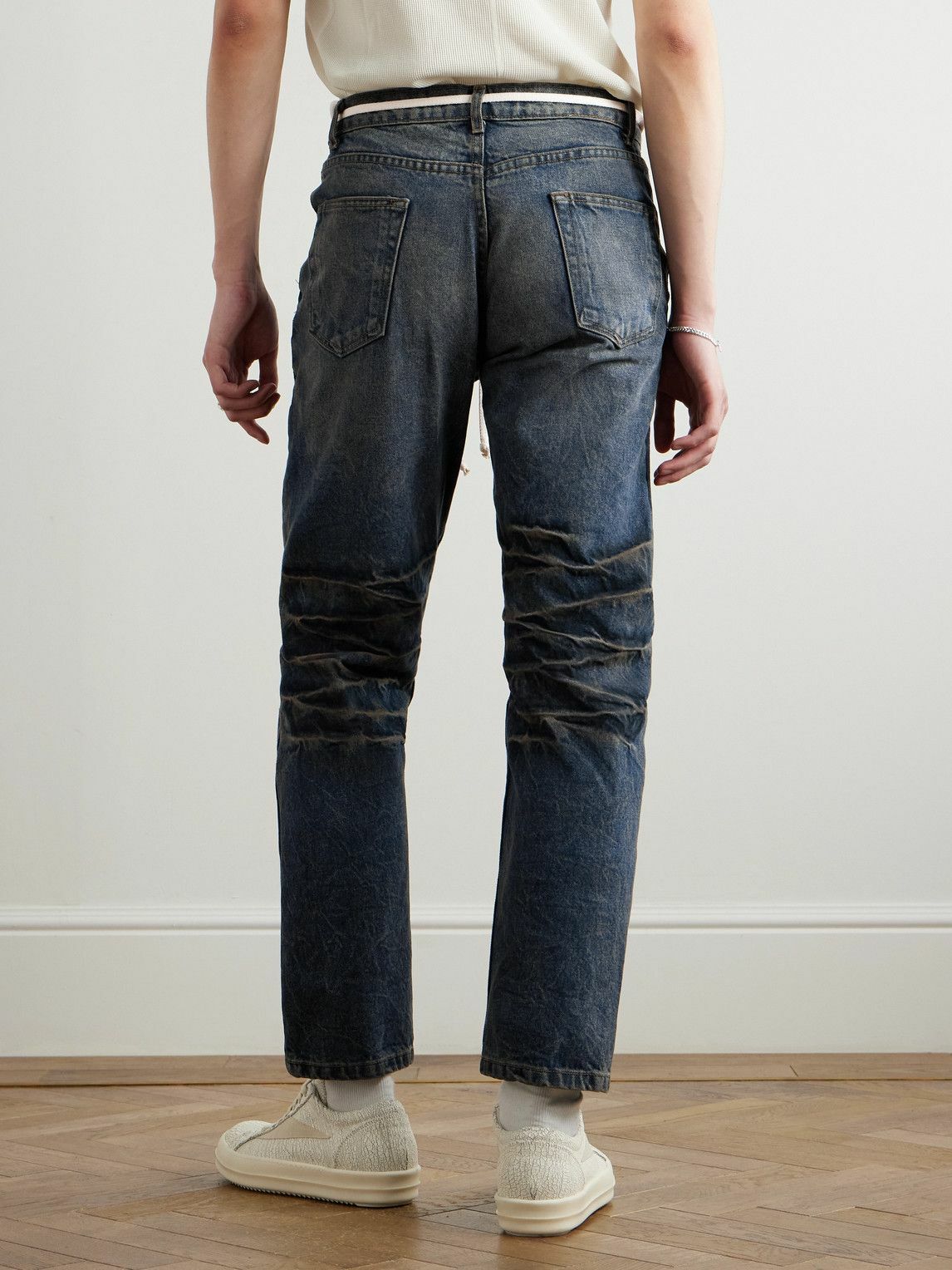 RRR123 - Fathers Engine Slim-Fit Straight-Leg Belted Distressed Jeans - Blue