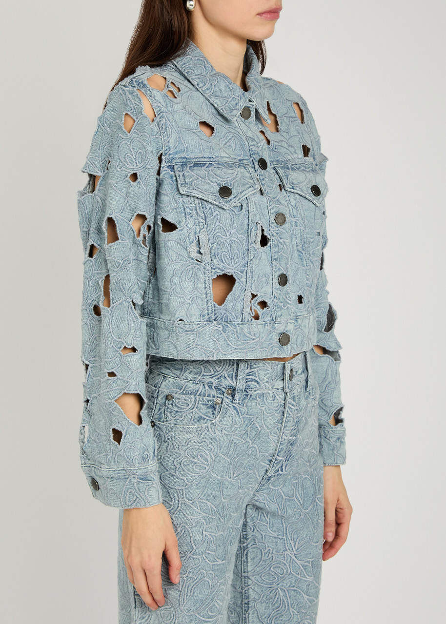 Alice + Olivia Chloe Embroidered Cut-out Denim Cropped Jacket Blue