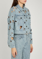 Alice + Olivia Chloe Embroidered Cut-out Denim Cropped Jacket Blue