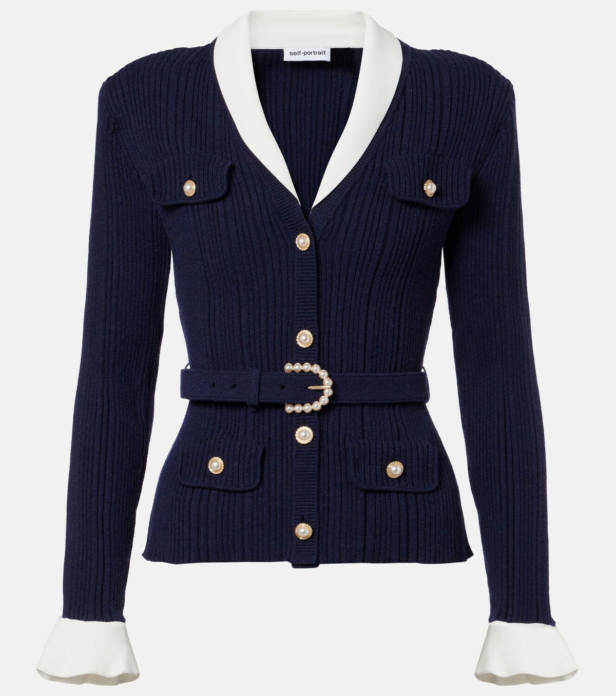 Self-Portrait Belted ribbed-knit cardigan