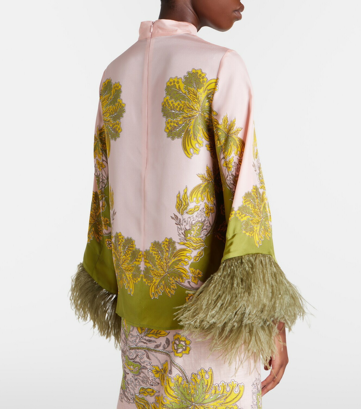 La DoubleJ Make An Exit feather-trimmed silk twill top