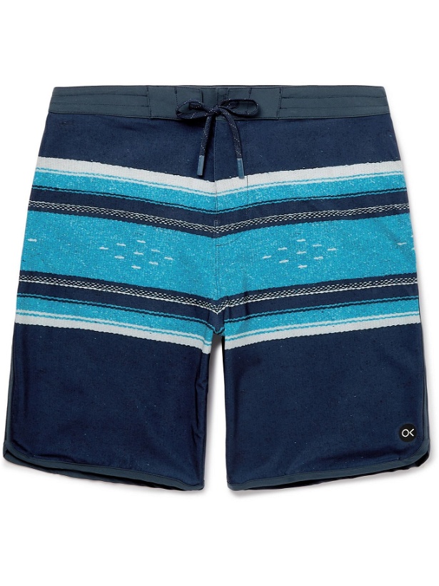 Photo: Outerknown - Tasty Scallop Long-Length Striped Recycled Swim Shorts - Blue