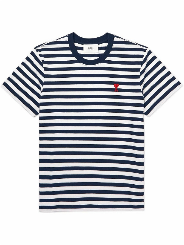 Photo: AMI PARIS - Logo-Embroidered Striped Cotton-Jersey T-Shirt - Blue