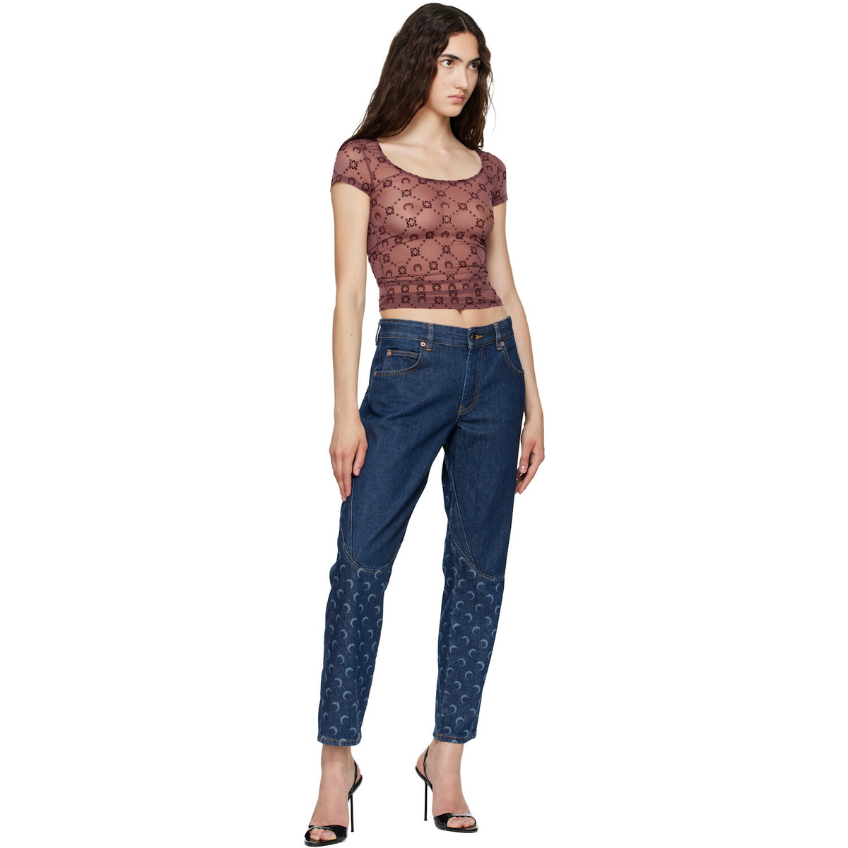 Marine Serre Burgundy Moonogram Mesh Flock T-shirt