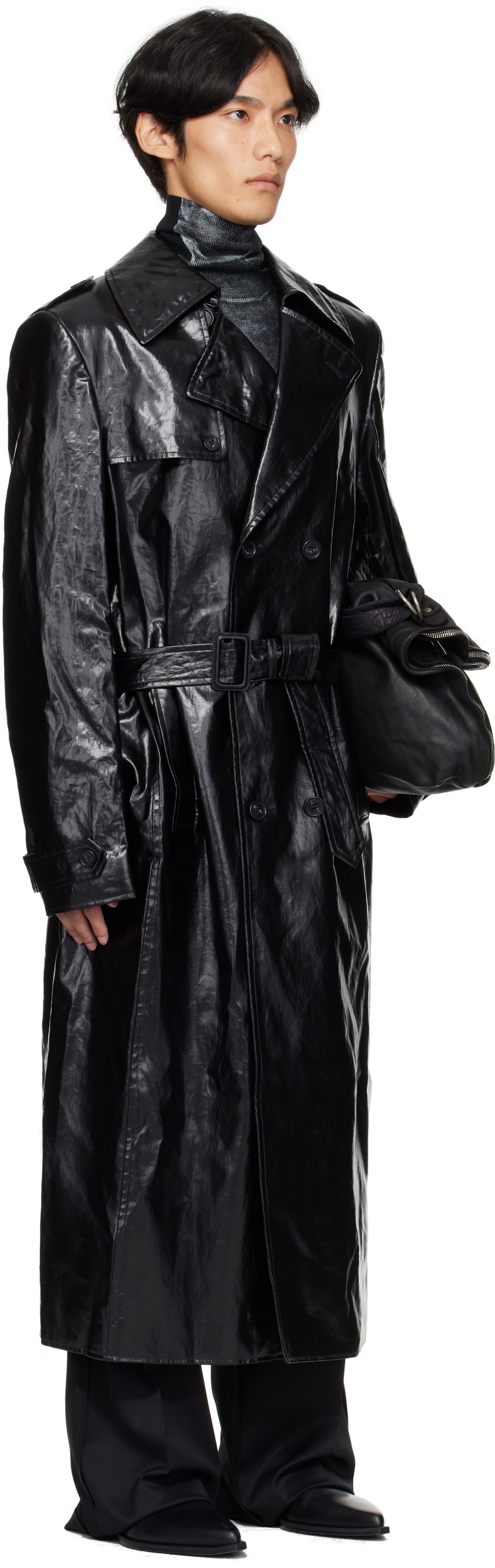 MM6 Maison Margiela Black Shiny Coated Linen Coat MM6 Maison Margiela