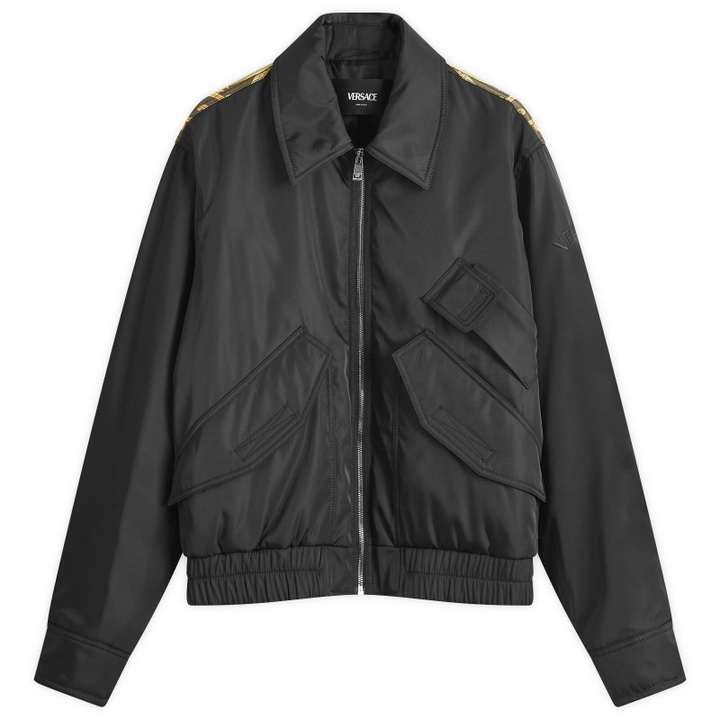 Photo: Versace Men's Technical Twill Bomber Jacket in Black Dark Olive Gold