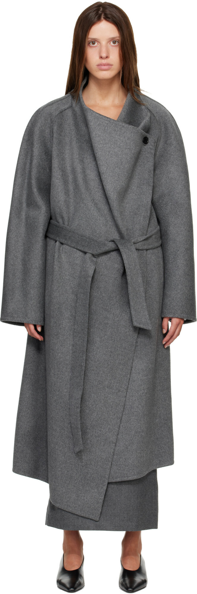 R2W Gray Porin Draped Button Wool Cash Coat