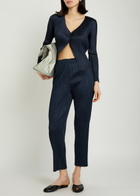 Pleats Please Issey Miyake Pleated Tapered-leg Woven Trousers Navy