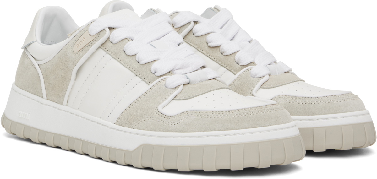 AMI Paris White & Gray Leather Low Top Walk Sneakers