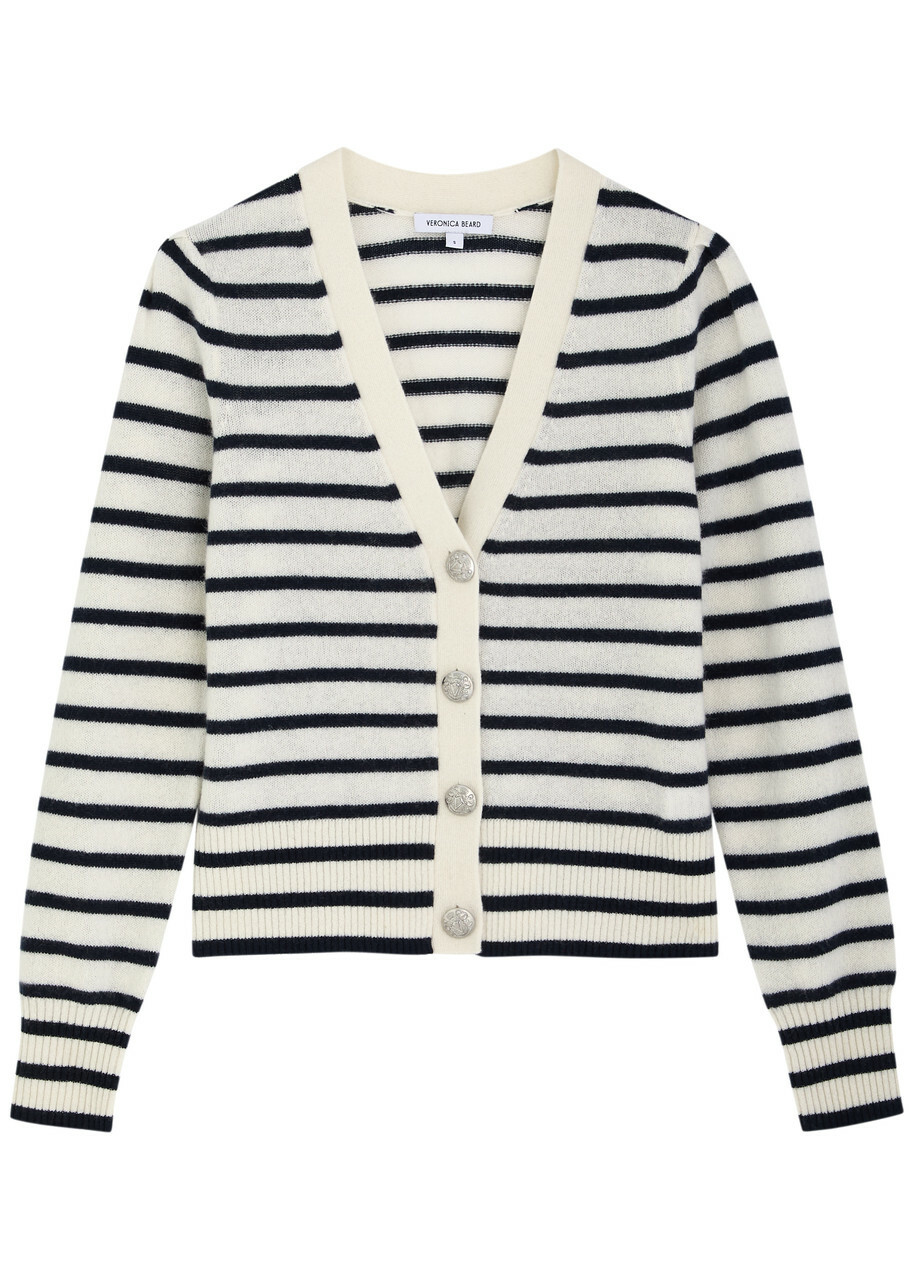 Veronica Beard Solene Striped Cashmere Cardigan Cream