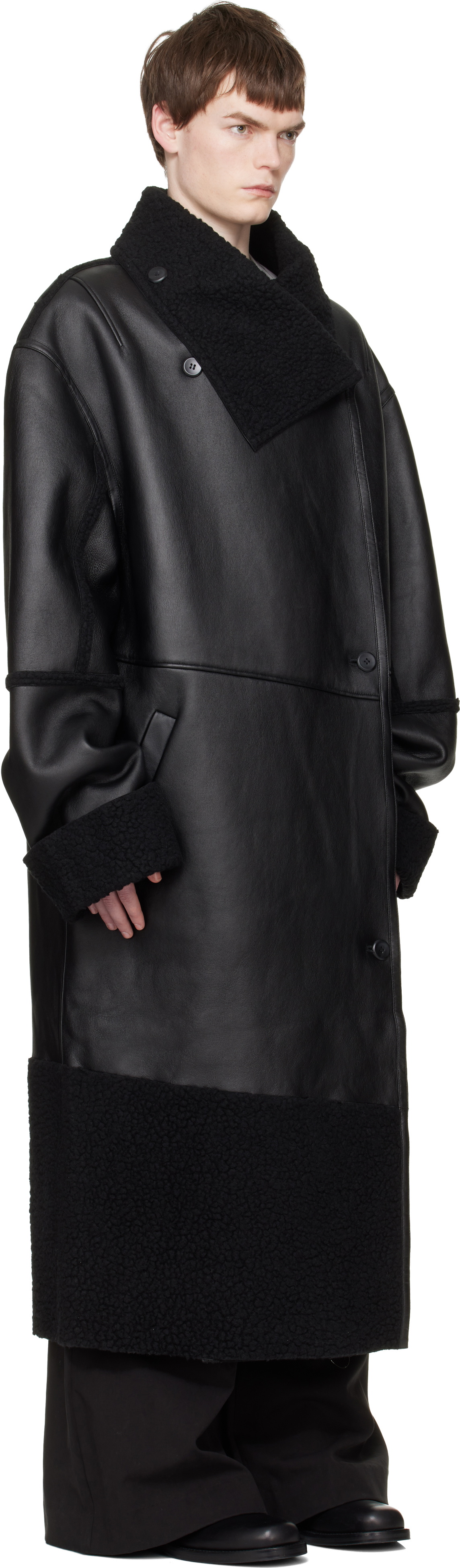 Entire Studios Black Long Leather & Faux-Shearling Coat