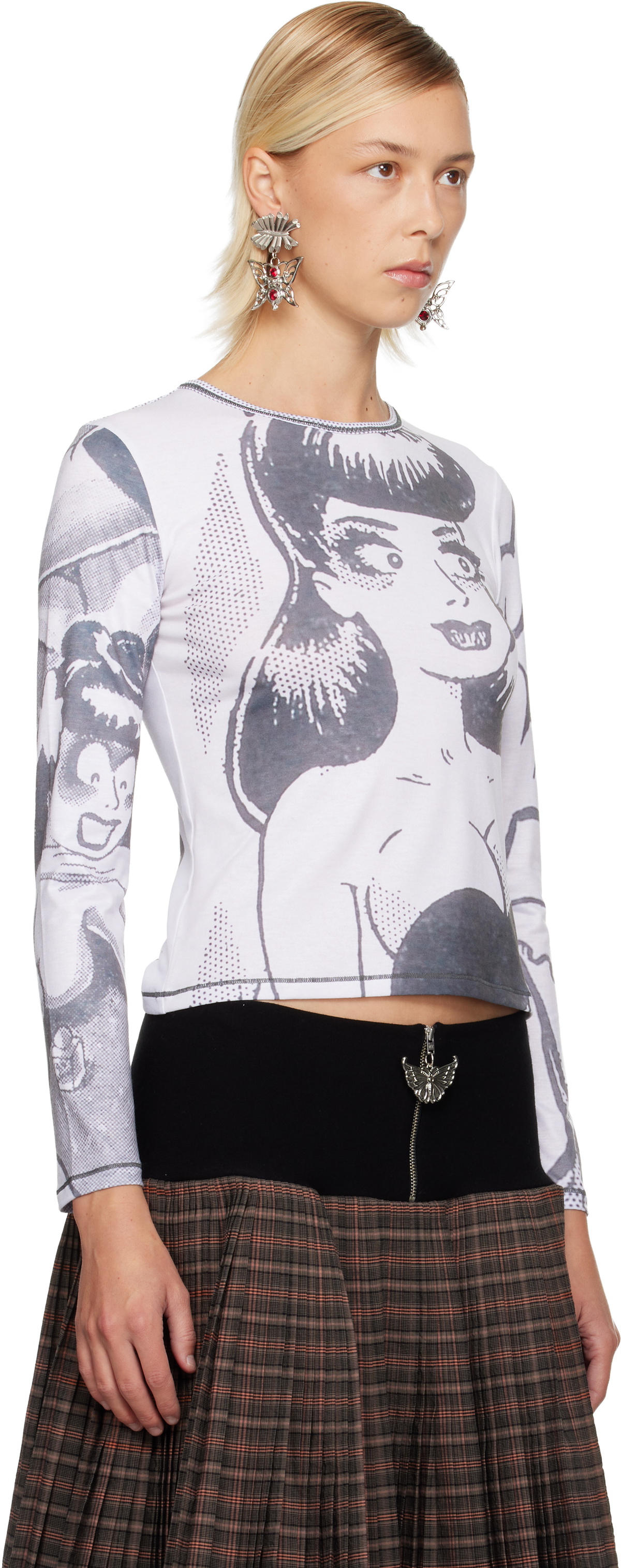 Chopova Lowena White & Gray Newsprint Fitted Jersey T-shirt