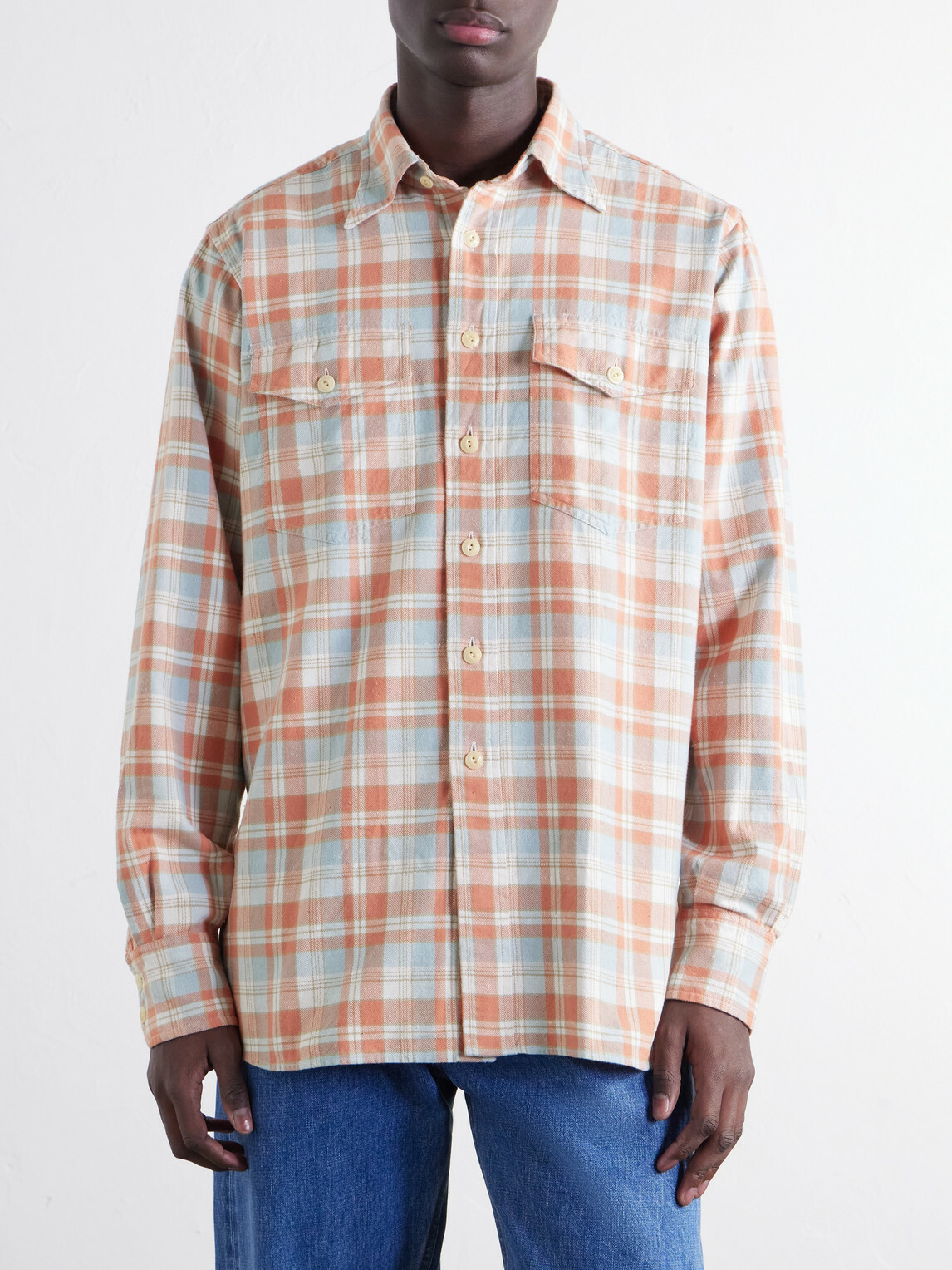 Drake's - Checked Brushed Cotton-Flannel Shirt - Orange