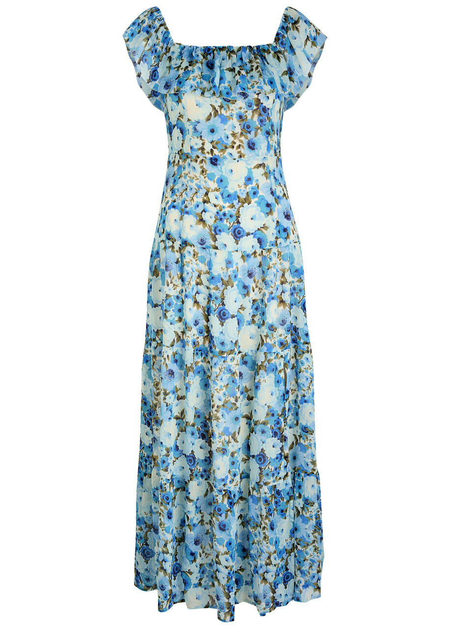 fitted lace wedding dress Blue Floral Printed Flutter Tank Tiered Maxi Dress *FINAL SALE* – SSYS main image 1