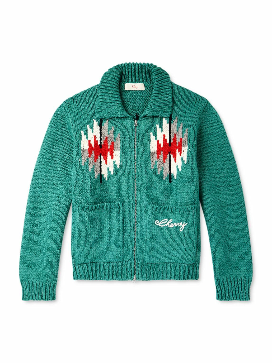 りーー Cherry Los Angeles - Embroidered Cotton Zip-Up Sweater - Blue