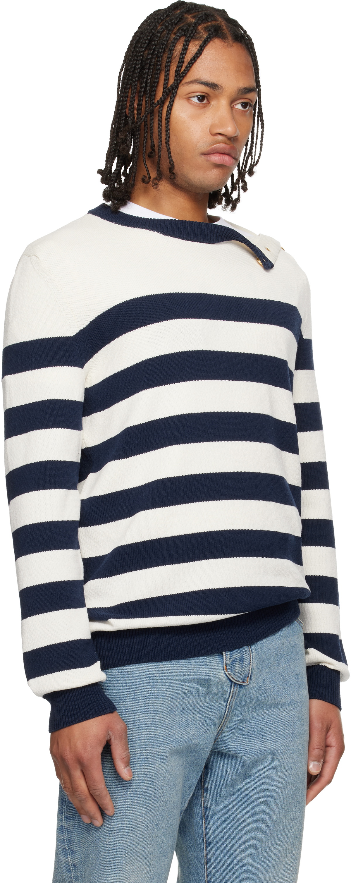 Balmain White & Navy Buttoned Marinière Knit Sweater