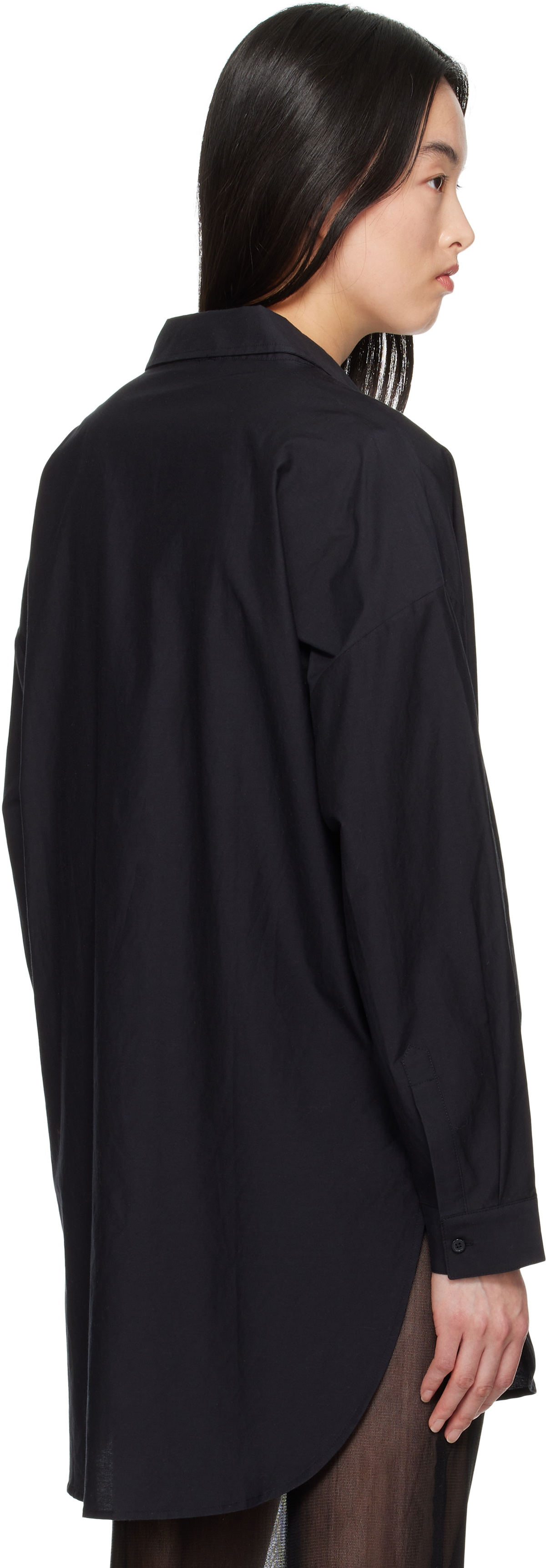 Silk Laundry Black Cotton Silk Round Shirt