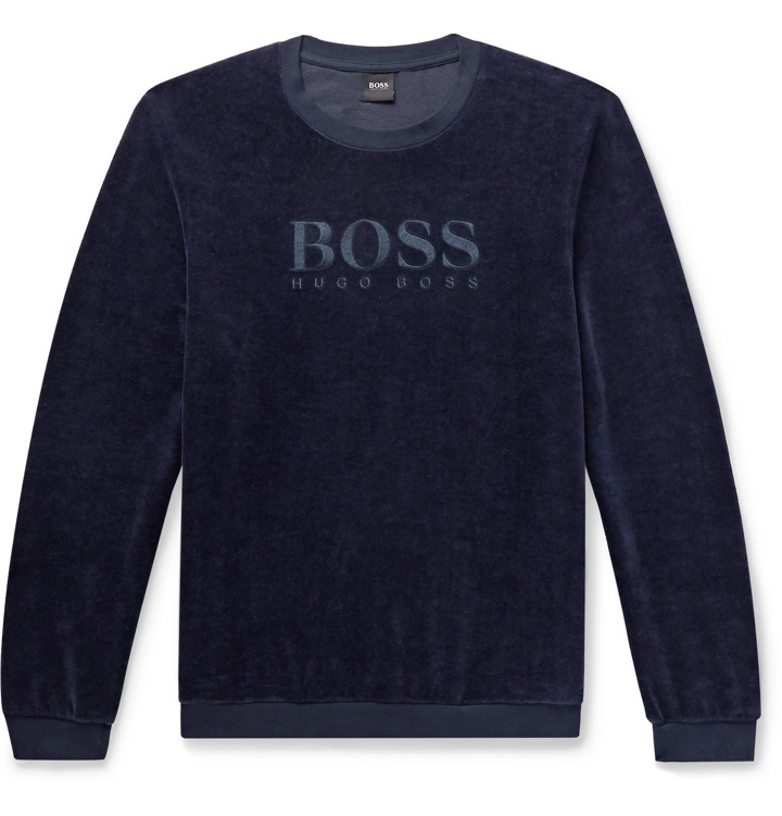 Photo: Hugo Boss - Logo-Embroidered Cotton-Blend Velour Sweatshirt - Blue