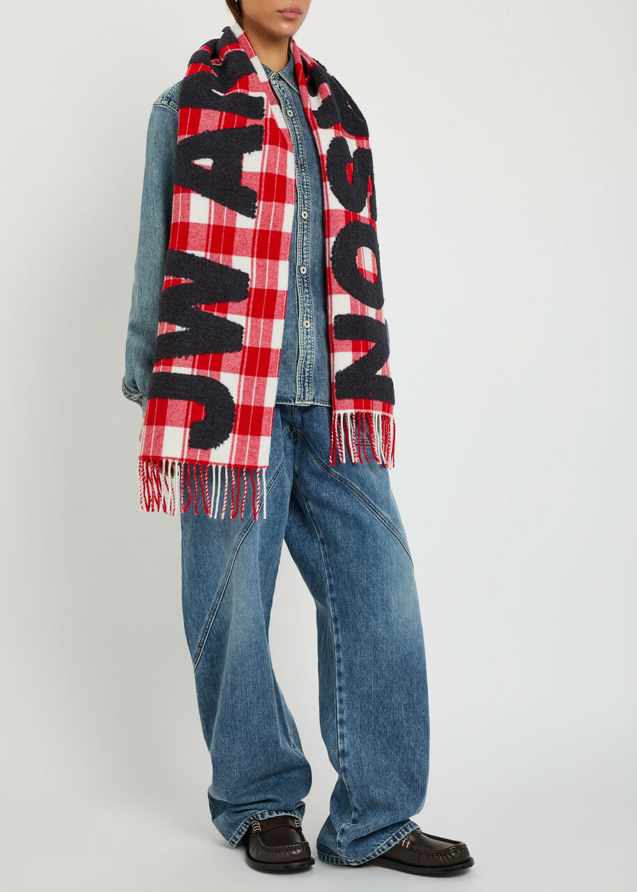 JW Anderson Logo Checked Wool-blend Scarf - Red - One Size