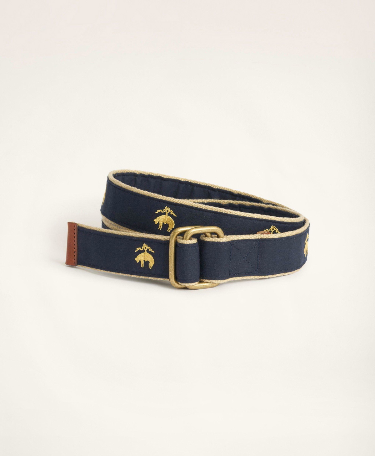 Brooks Brothers Men's Embroidered Leather Tab D-Ring Belt | Navy