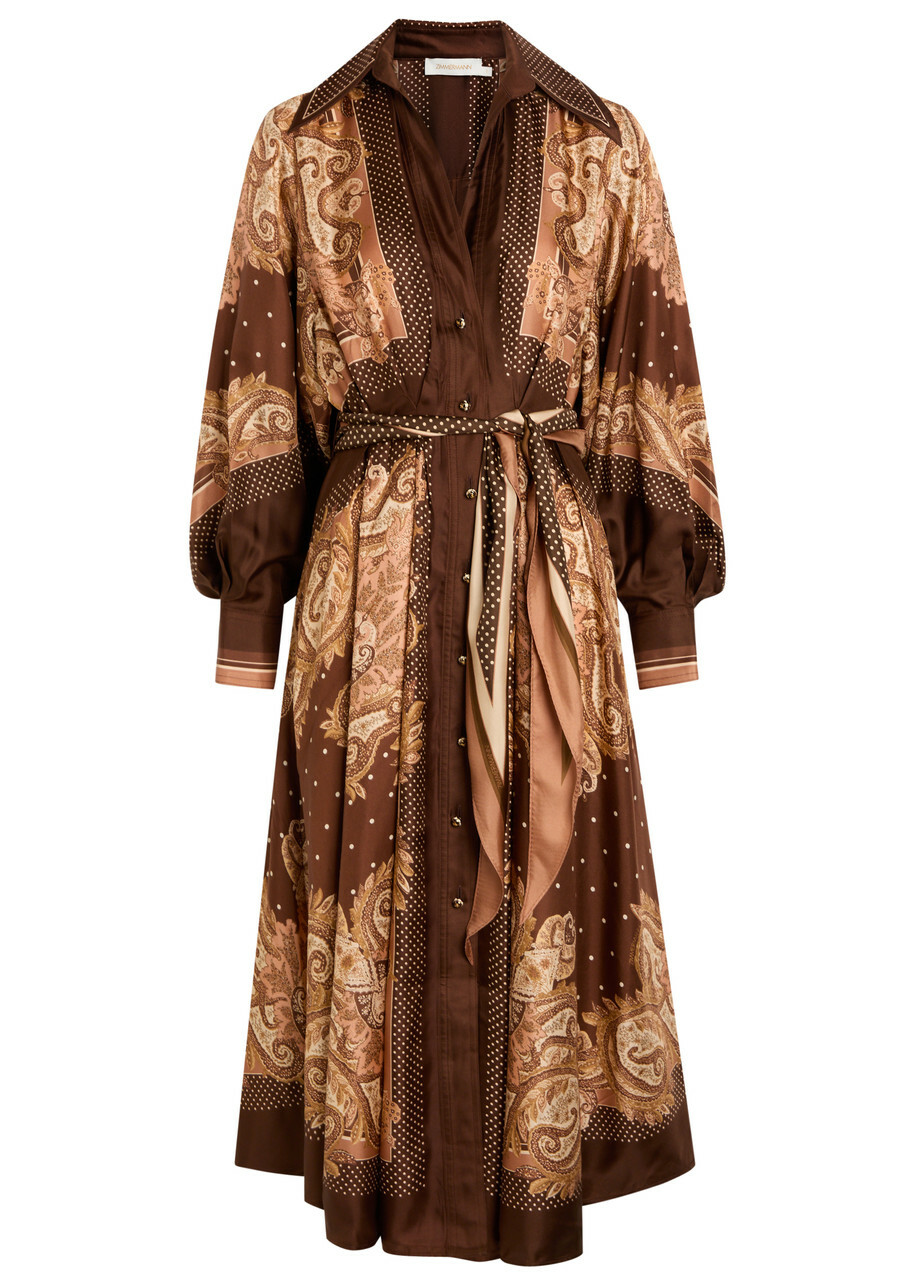 Zimmermann Luna Printed Belted Silk Midi Shirt Dress Brown