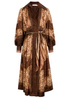 Zimmermann Luna Printed Belted Silk Midi Shirt Dress Brown