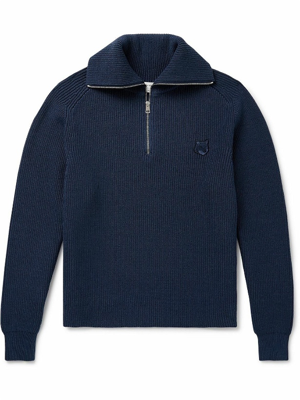Photo: Maison Kitsuné - Logo-Appliquéd Ribbed Cotton-Blend Half-Zip Sweater - Blue