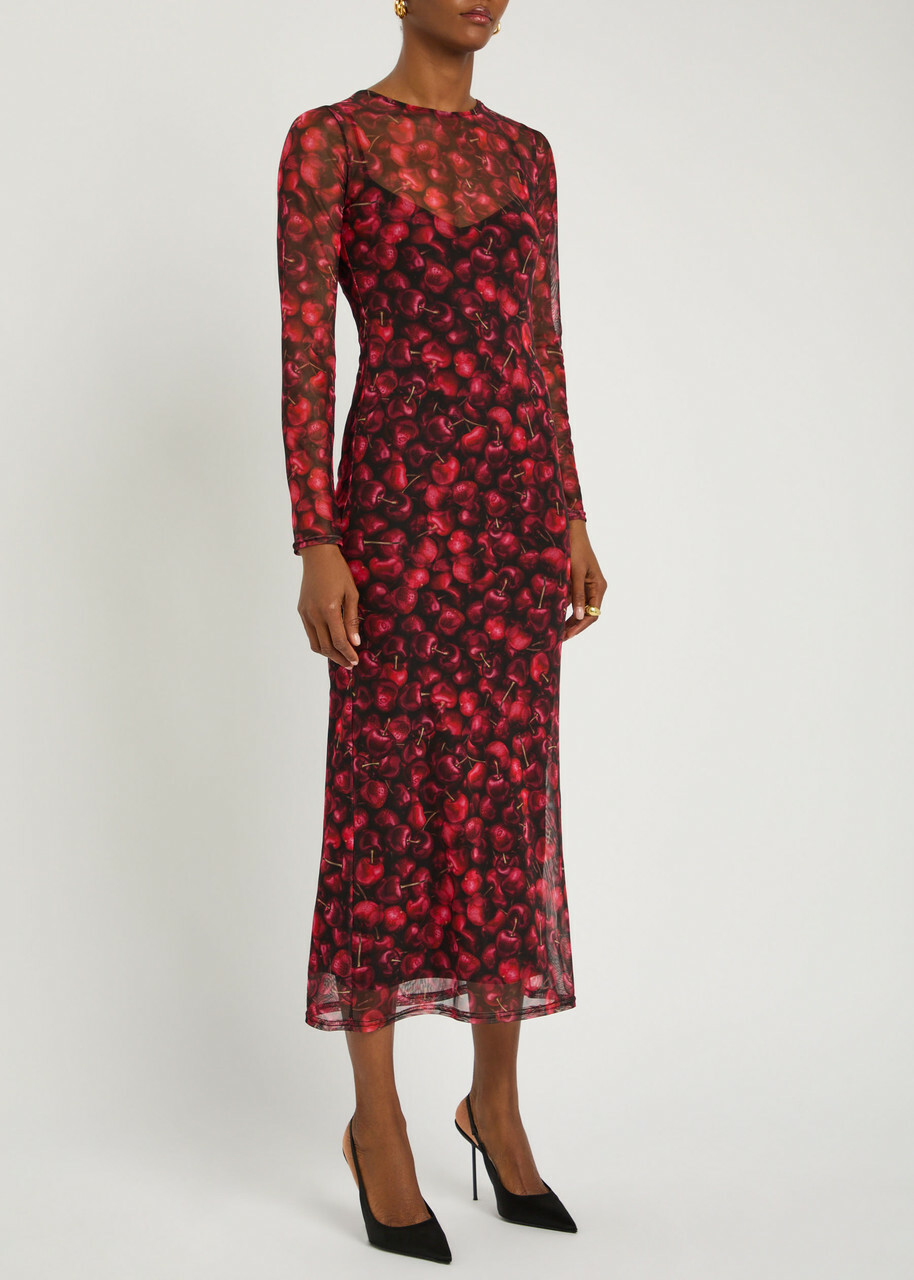 Never Fully Dressed Soho Cherry-print Mesh Midi Dress Black Red