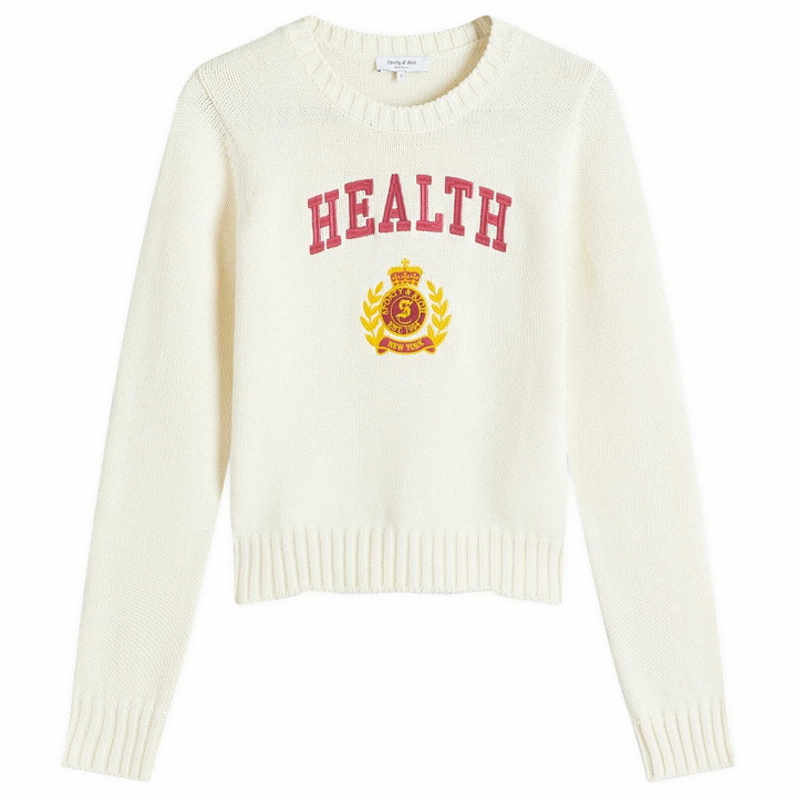 Photo: Sporty & Rich Women's NY Health Crest Knitted Sweater in Cream Navy/Gold/Crimson