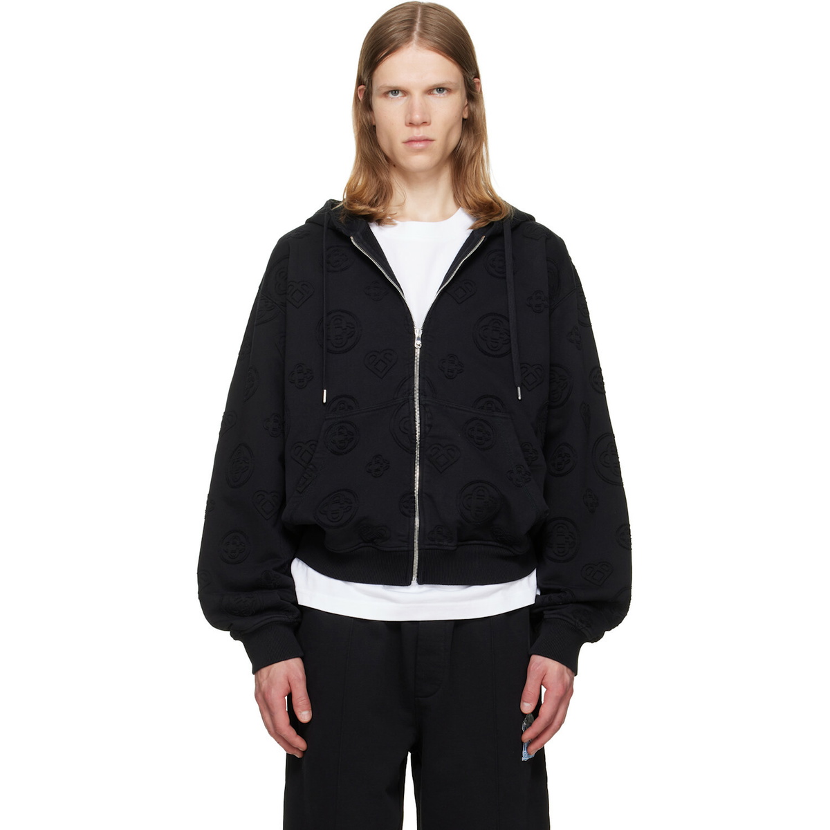 Casablanca Black Applique Monogram Zip‑Up Hoodie