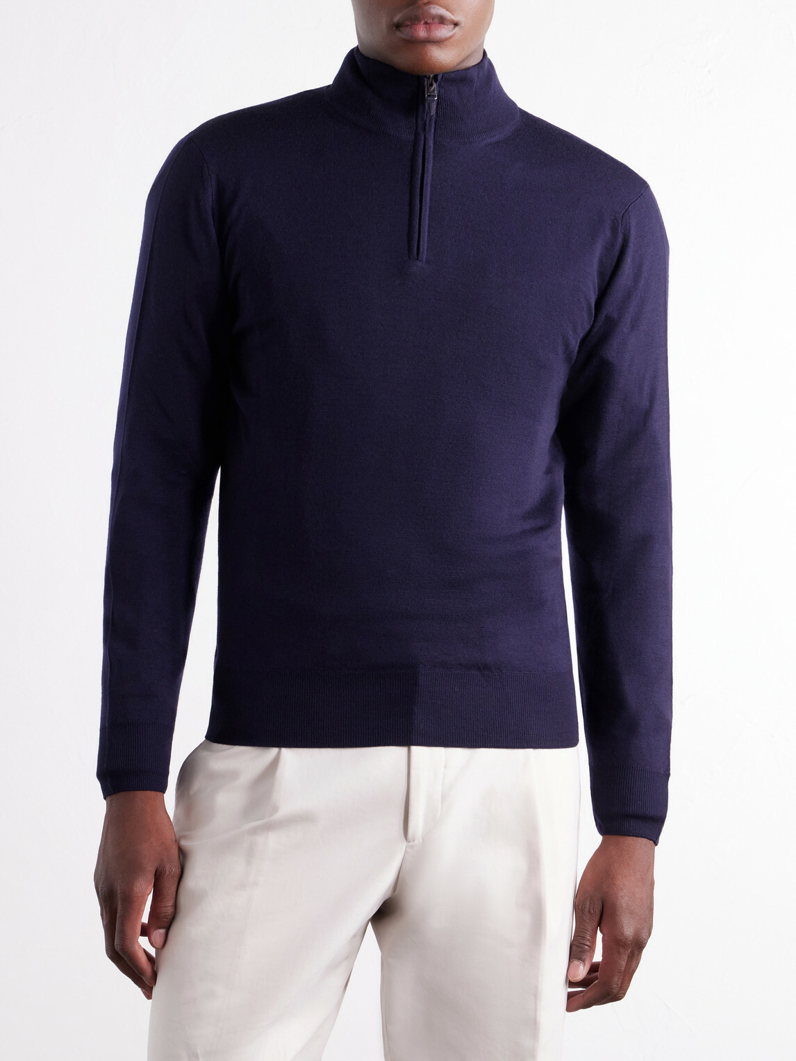 Canali - Rib-Trimmed Wool Half-Zip Sweater - Blue